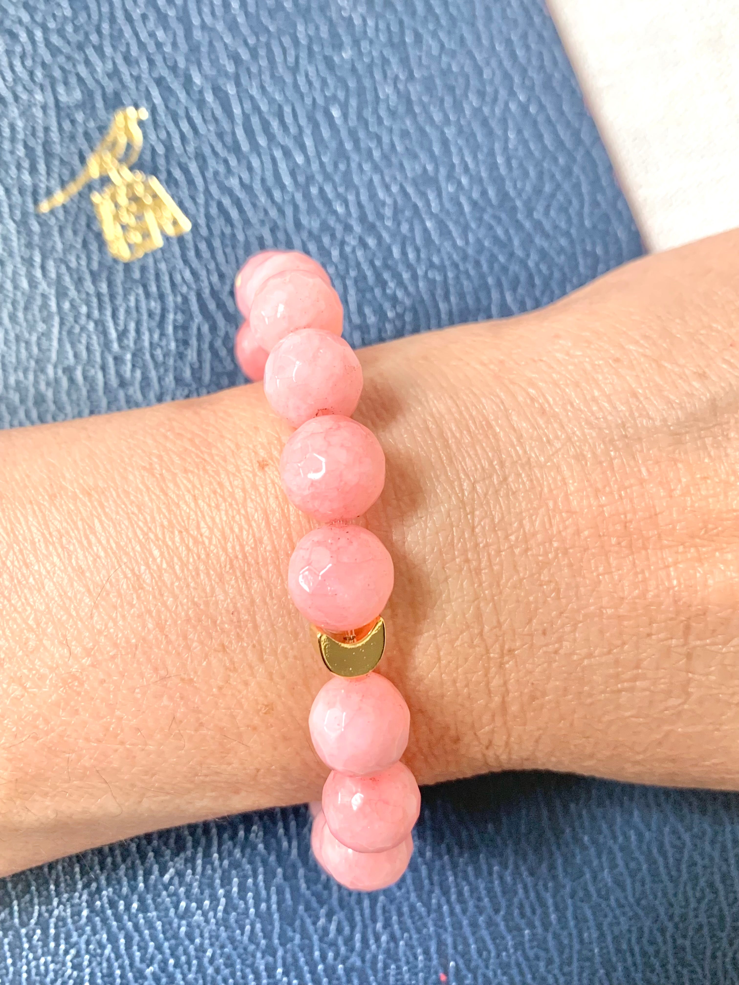 Semiprecious Pink Jade Bracelet - Celestial Bracelet with 24K Gold Moon - Exclusive Design - Handmade