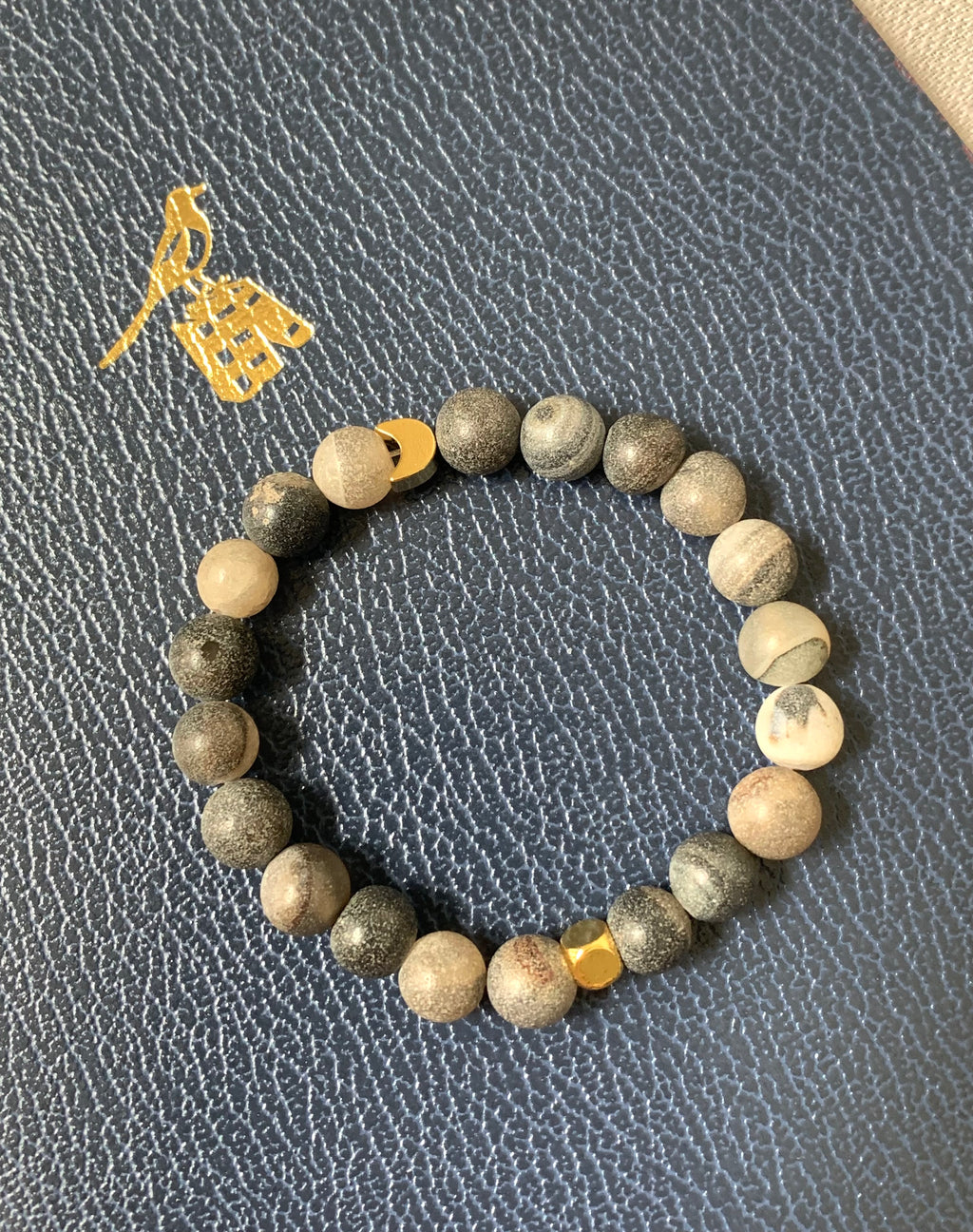 Semiprecious Gray Bracelet - Celestial Gray Agate Bracelet with 24K Gold Moon - Exclusive Design