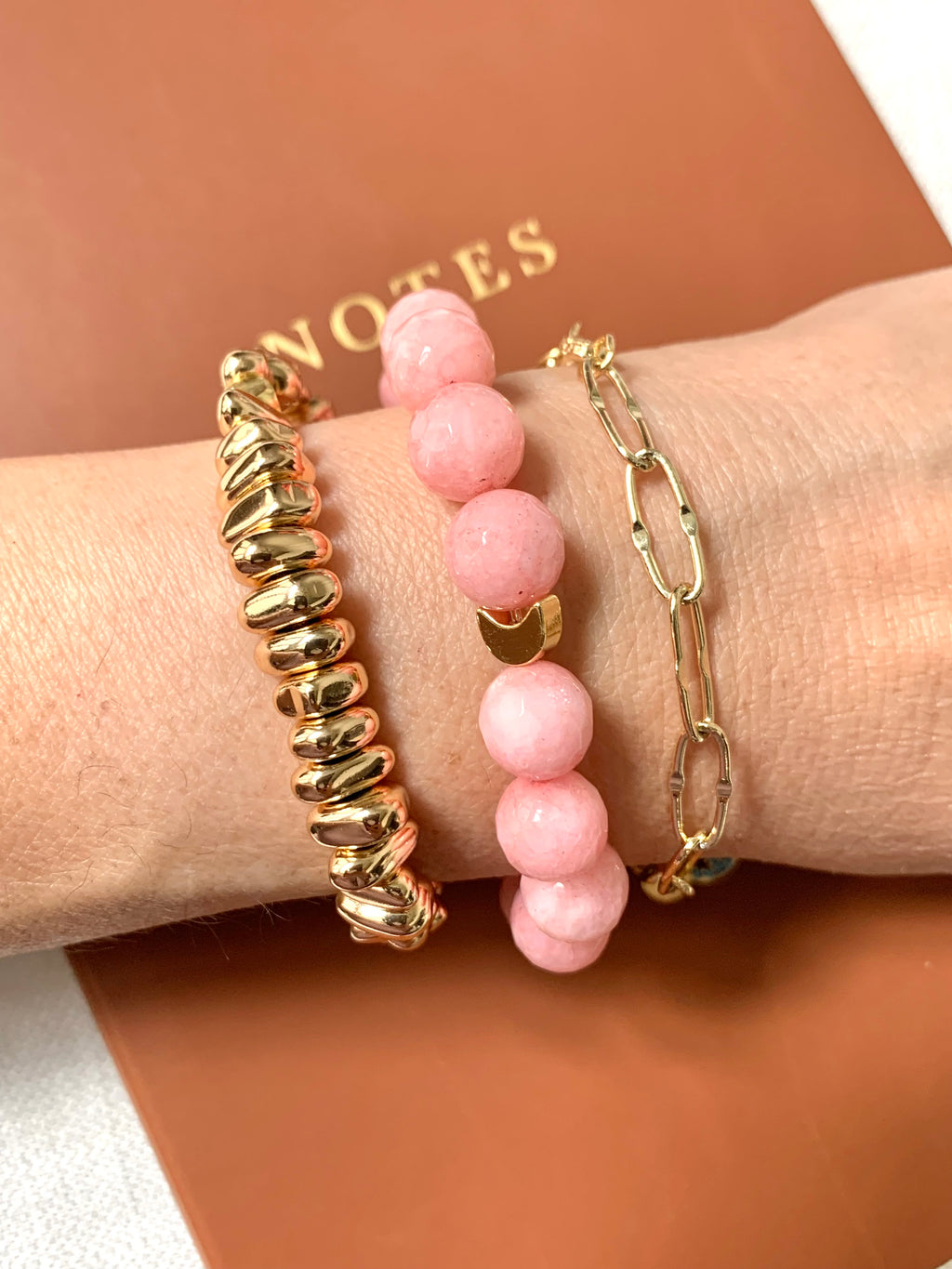 Semiprecious Pink Jade Bracelet - Celestial Bracelet with 24K Gold Moon - Exclusive Design - Handmade