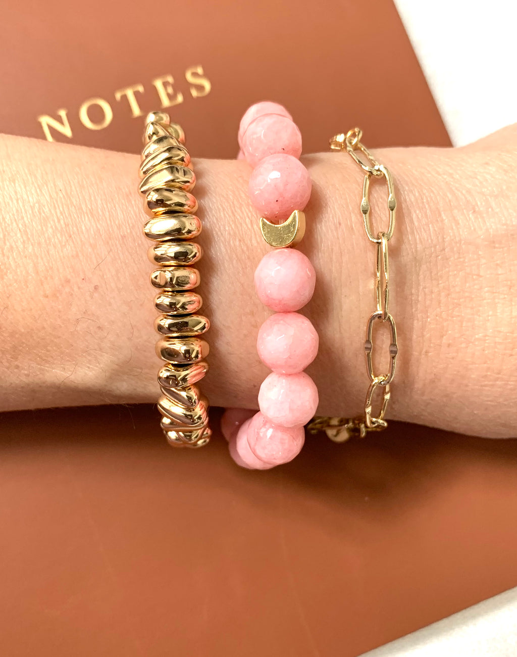 Semiprecious Pink Jade Bracelet - Celestial Bracelet with 24K Gold Moon - Exclusive Design - Handmade