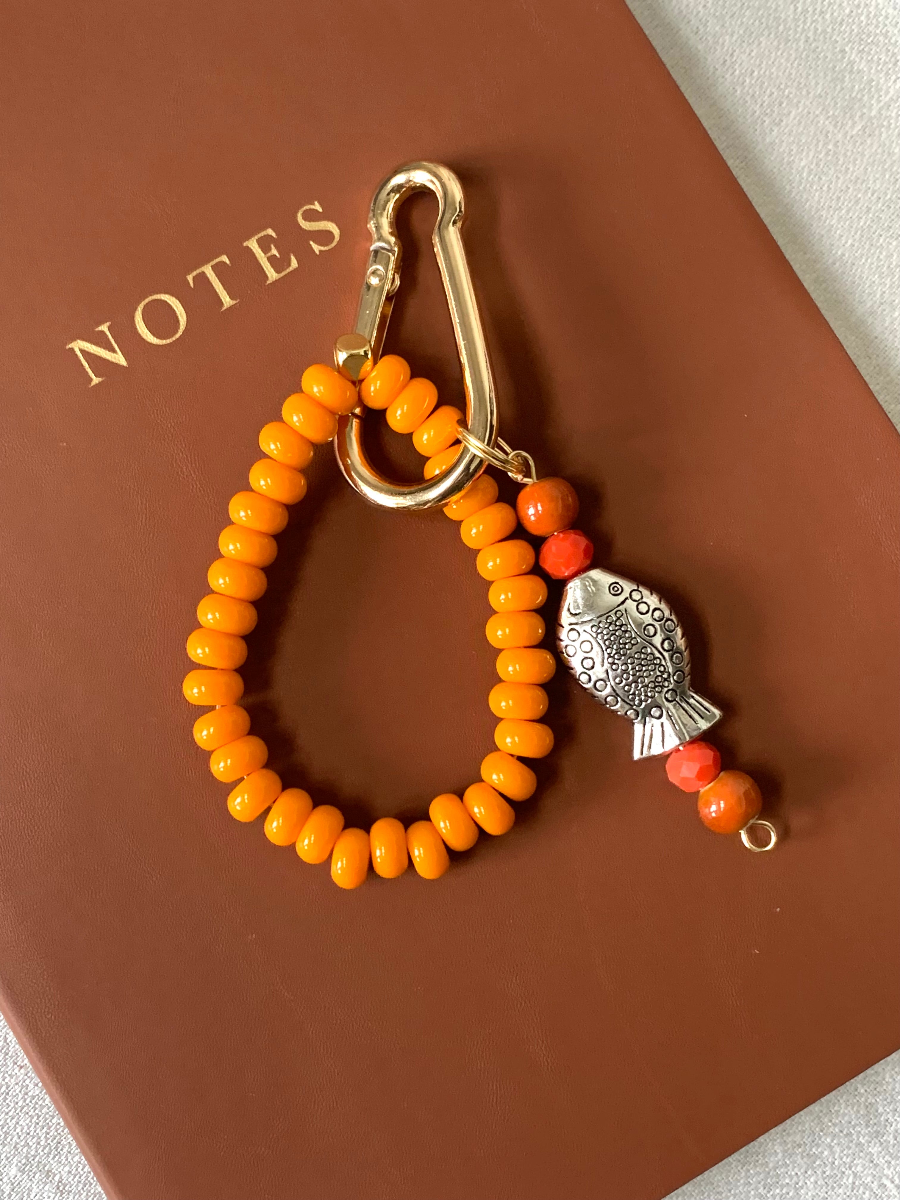 Handmade Lucky Fish Beaded Bag Charm - Orange Beaded Bracelet