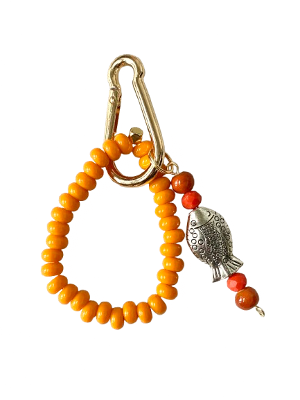 Handmade Lucky Fish Beaded Bag Charm - Orange Beaded Bracelet