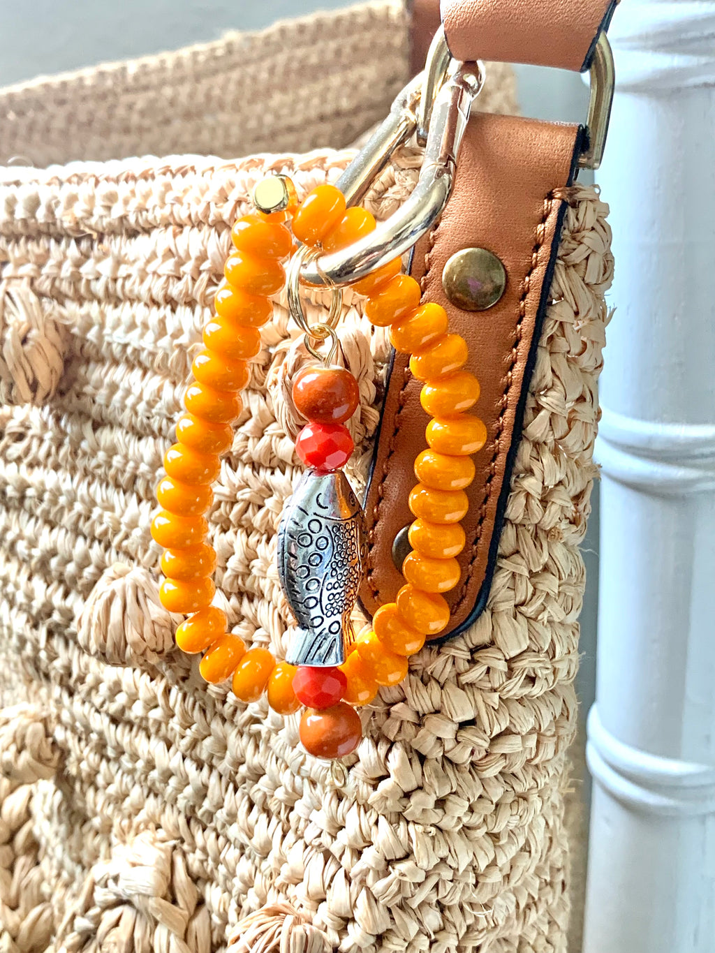 Handmade Lucky Fish Beaded Bag Charm - Orange Beaded Bracelet