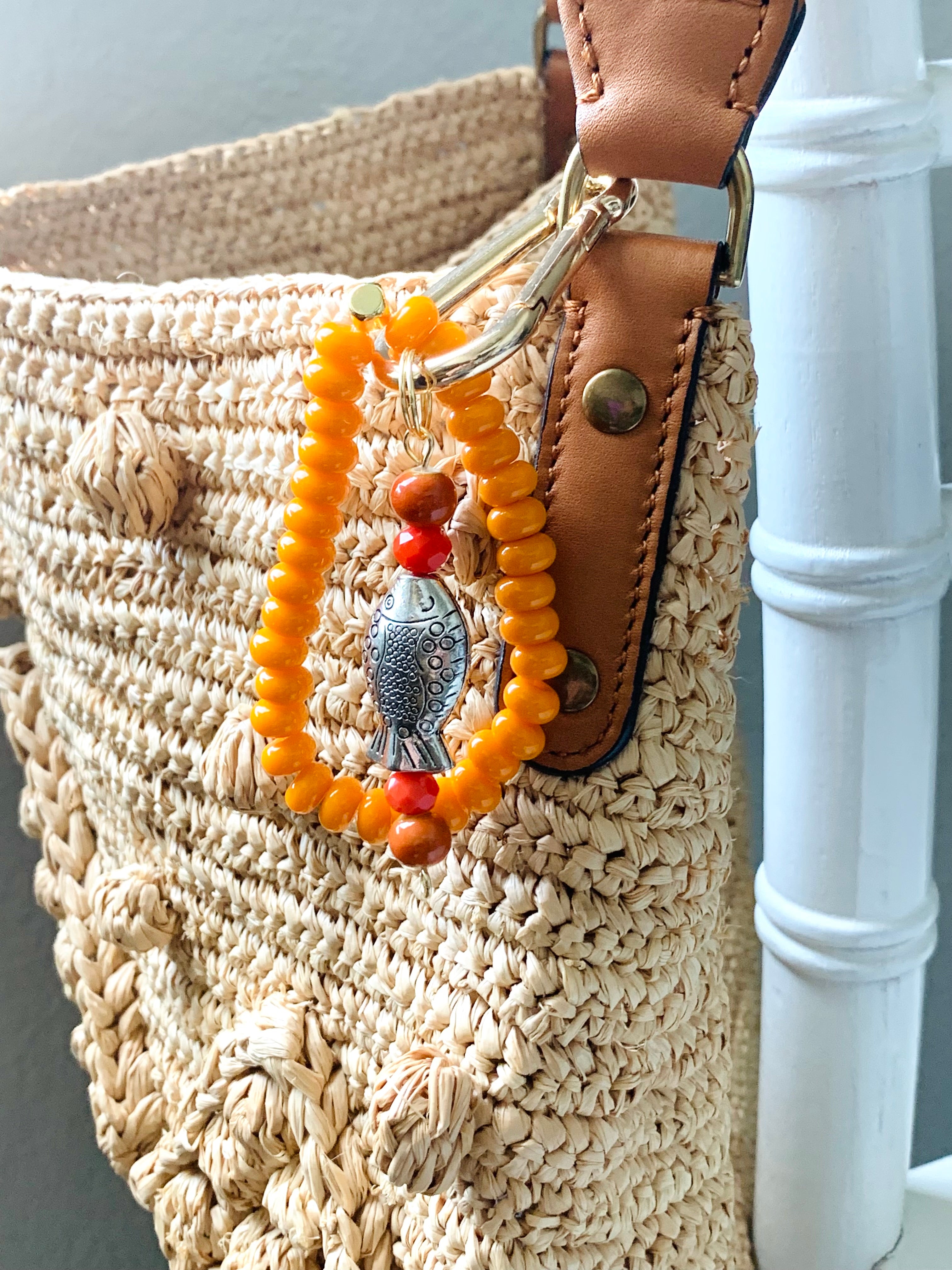 Handmade Lucky Fish Beaded Bag Charm - Orange Beaded Bracelet