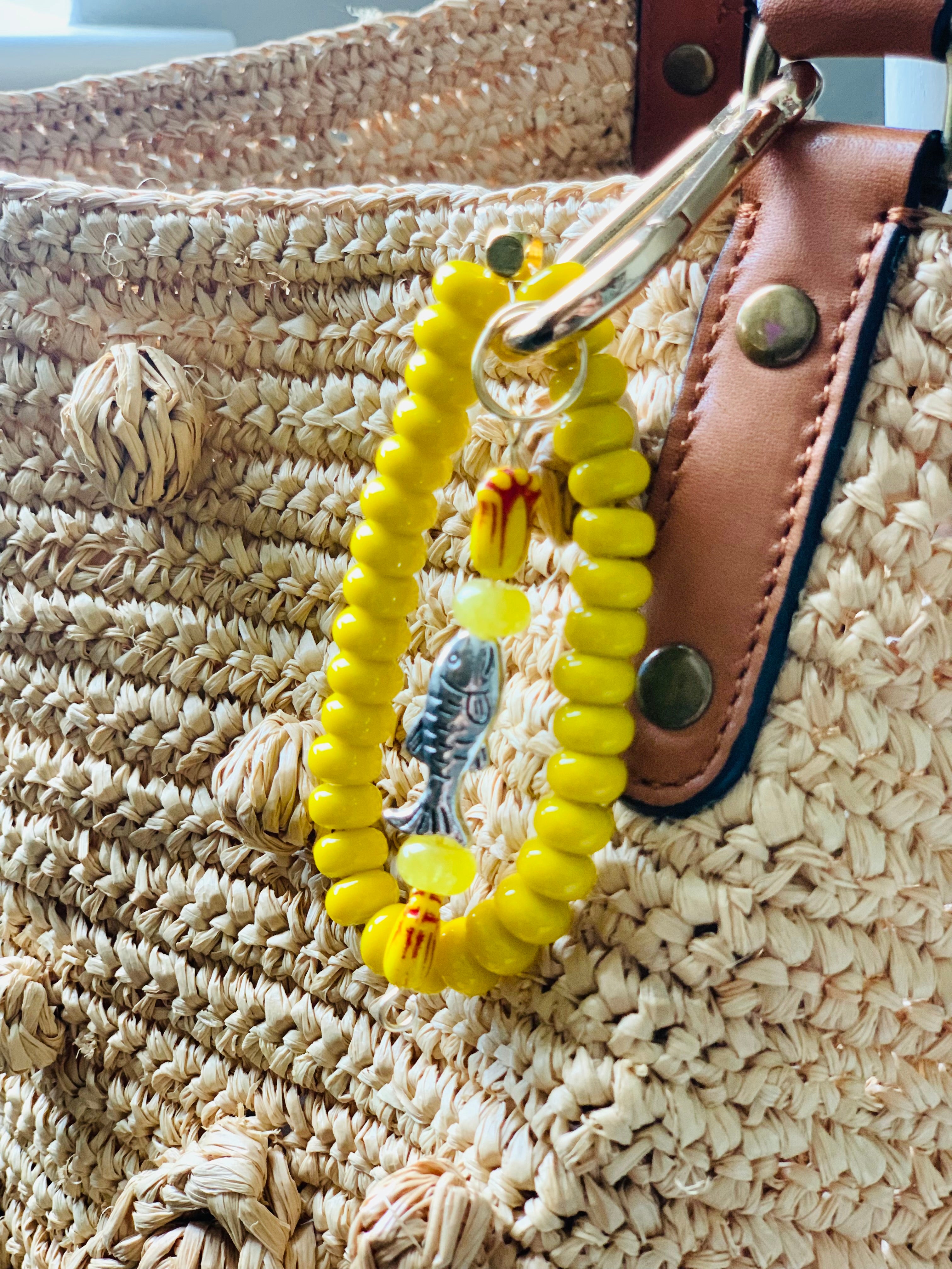Handmade Lucky Fish Beaded Bag Charm - Yellow Beaded Bracelet