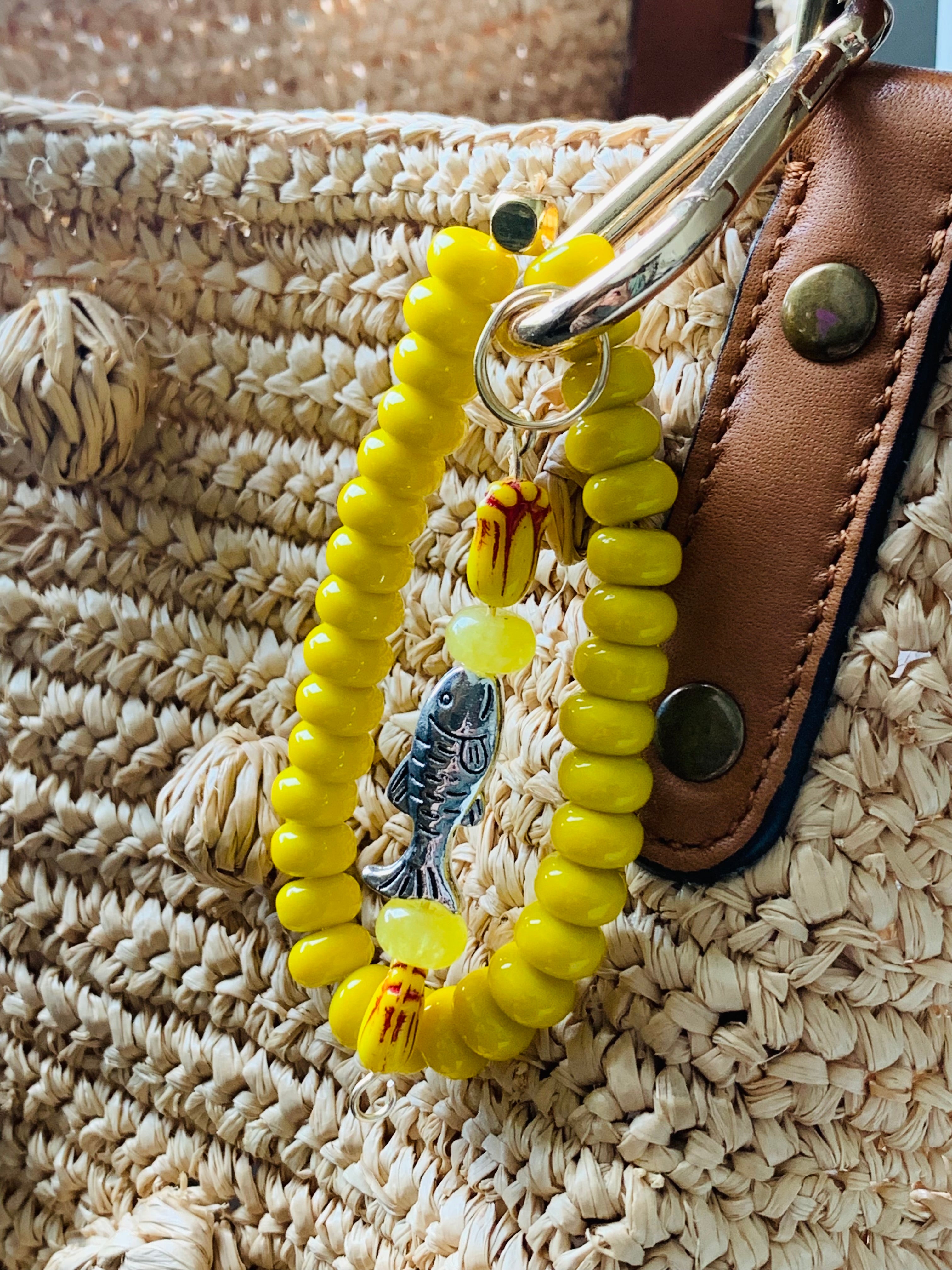 Handmade Lucky Fish Beaded Bag Charm - Yellow Beaded Bracelet