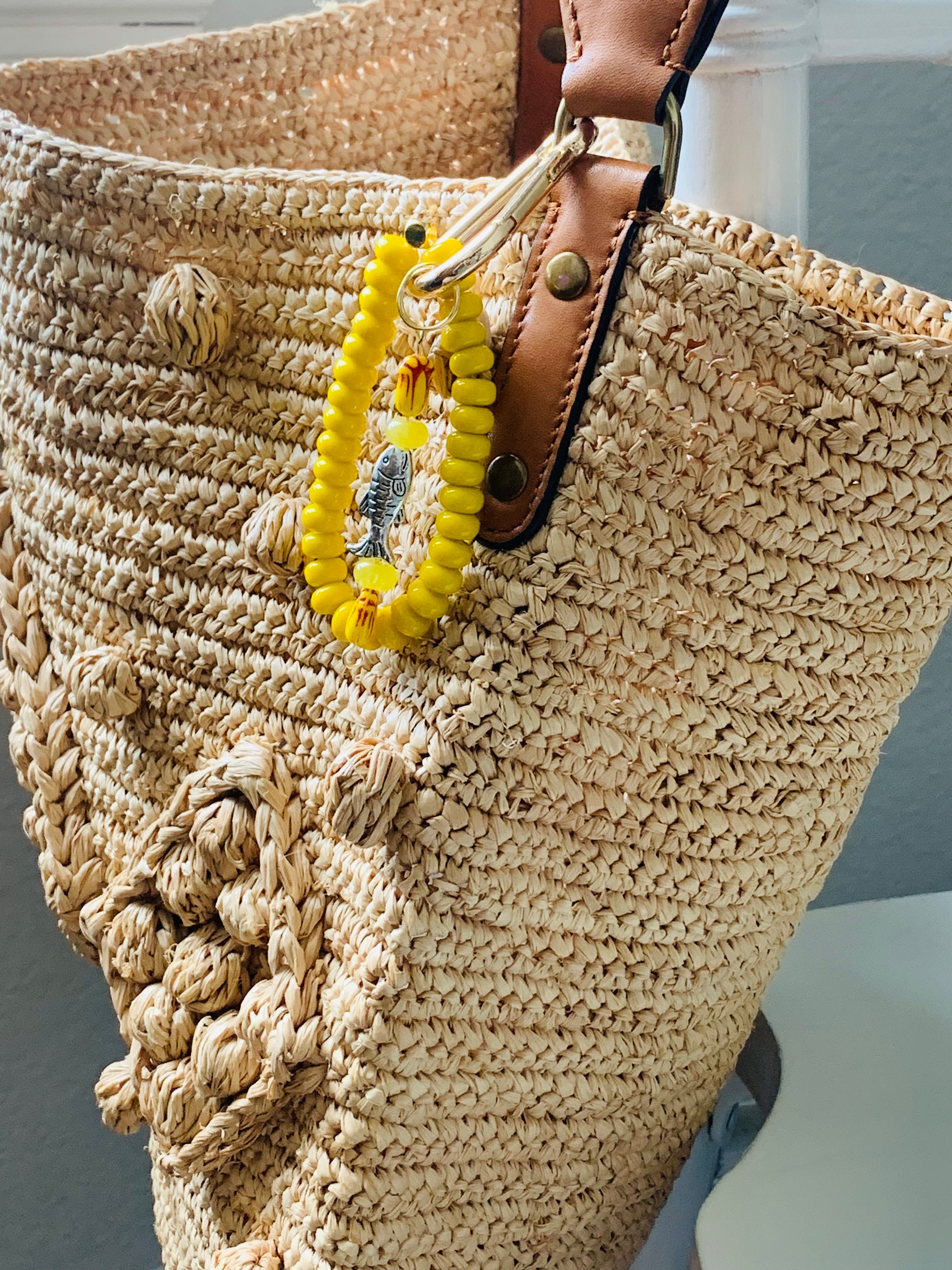 Handmade Lucky Fish Beaded Bag Charm - Yellow Beaded Bracelet