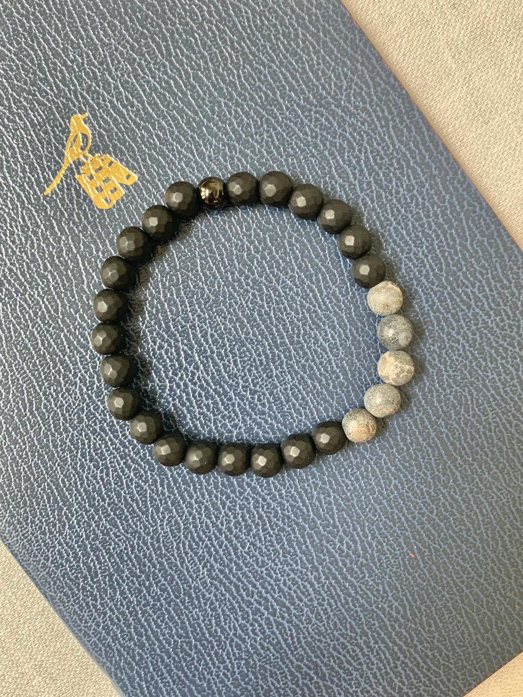 Men’s Bracelet - Black Onyx and Planetary Agate Stone Beads - Semiprecious Natural Stones