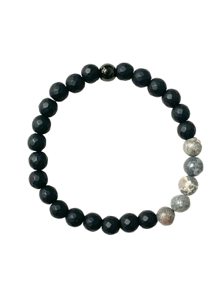 Men’s Bracelet - Black Onyx and Planetary Agate Stone Beads - Semiprecious Natural Stones