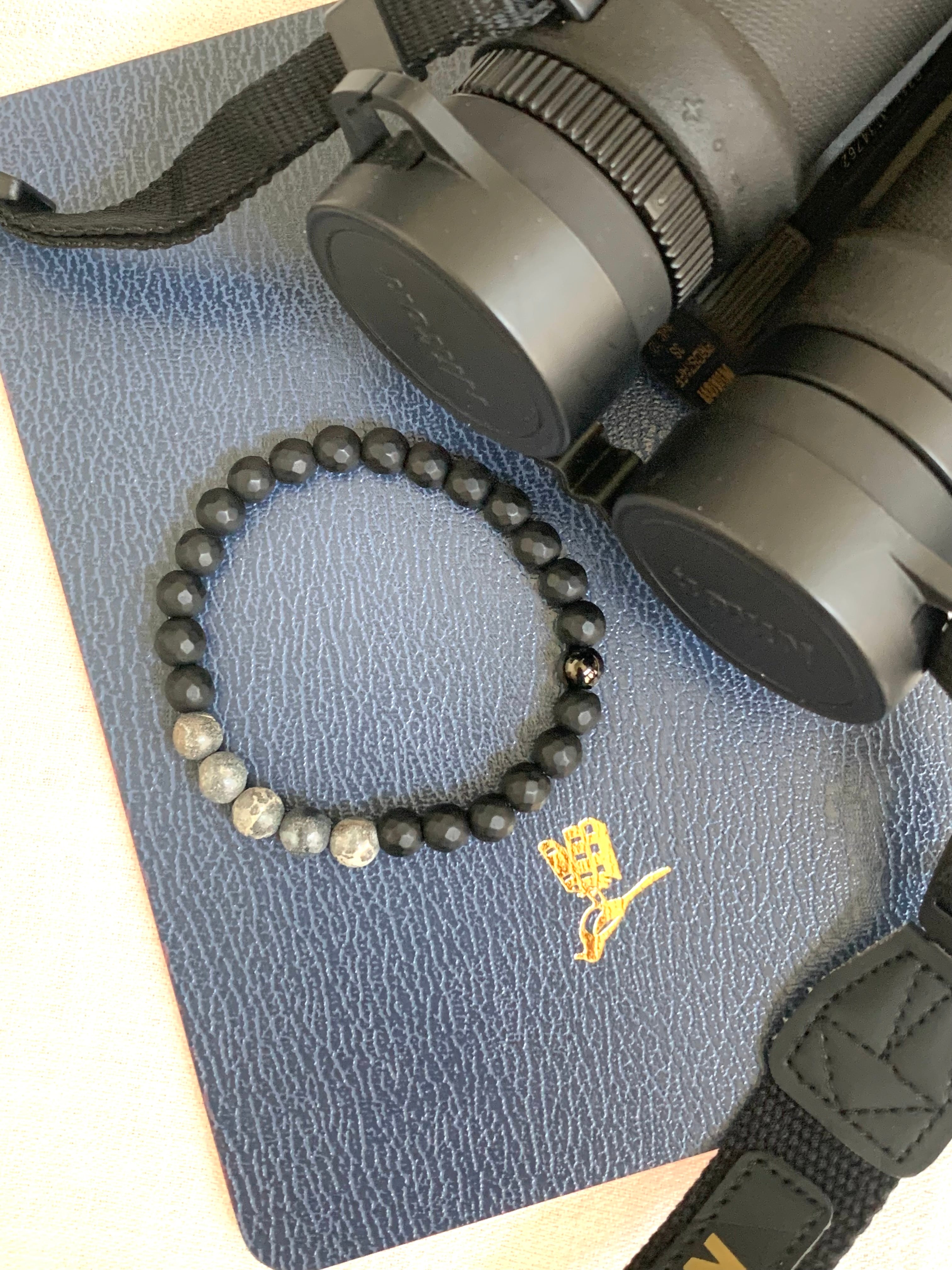 Men’s Bracelet - Black Onyx and Planetary Agate Stone Beads - Semiprecious Natural Stones