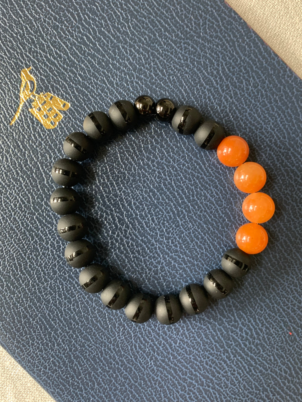 Men’s Bracelet - Black Onyx and Orange Aventurine Natural Stones - Artisanal Bracelets - Unisex