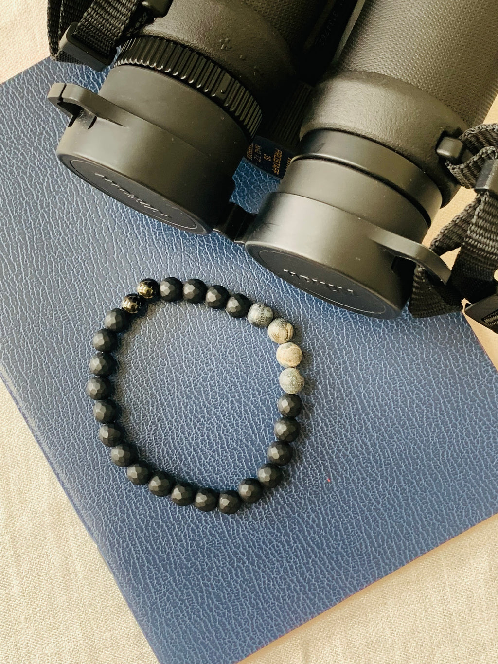 Men’s Bracelet - Black Onyx and Planetary Agate Stone Beads - Semiprecious Natural Stones